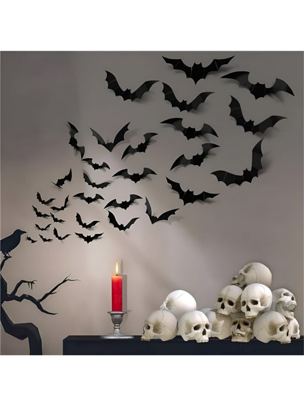 88 Pcs 4 Sizes Halloween Decorations PVC 3D Bats Wall Decor (Black)
